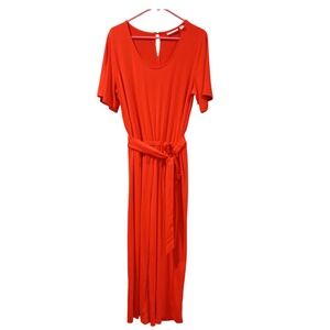 Susan Graver Liquid Knit Wide Leg Belted Red Jumpsuit Womans Med Flutter Sleeve